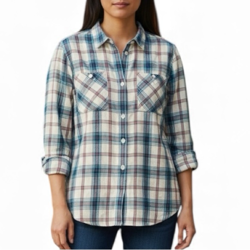 HORNY TOAD mixologist blue white red plaid button down tunic cinch back shirt XS